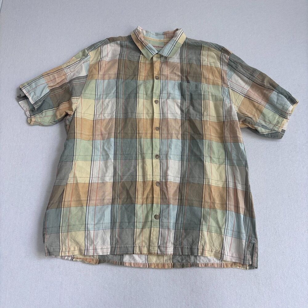 Tommy Bahama Linen Silk Plaid Button Up Shirt Men’s XL Yellow Blue Short Sleeve